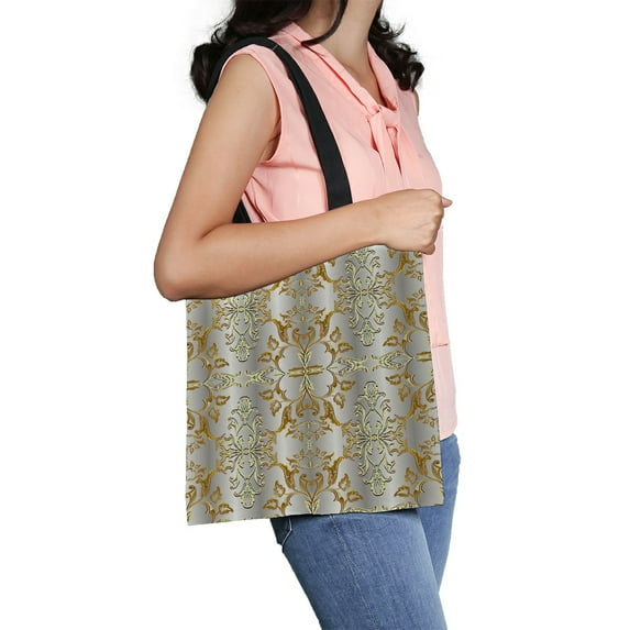 ABPHQTO Baroque Pattern White Floral Damask Canvas Bag Reusable Tote Grocery Shopping Bags Tote Bag 14x16 inch