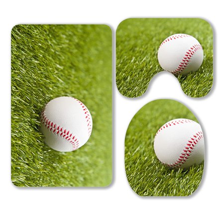 ABPHQTO Baseball On The Fake Green Grass 3 Piece Bathroom Rugs Set Bath Rug Contour Mat and Toilet Lid Cover