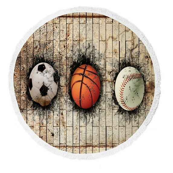 ABPHQTO Basketball Baseball Soccer Ball Embedded Brick Wall Beach Towel Beach Blanket with Tassels Beach Throw Towel Yoga Mat Picnic Blanket