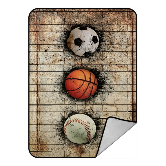 ABPHQTO Basketball Baseball Soccer Ball Embedded Brick Wall Fleece Blanket Fleece Back Throw Blanket 58x80inch
