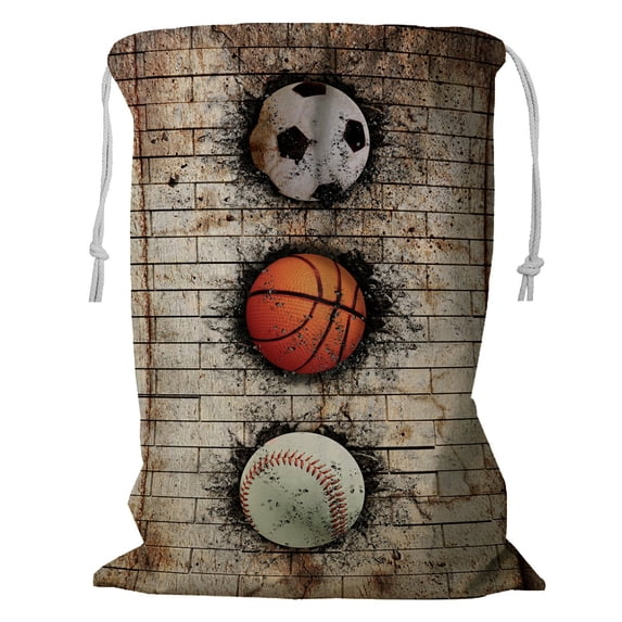 ABPHQTO Basketball Baseball Soccer Ball Embedded Brick Wall Storage Basket Laundry Bag with Drawstring 24x32 Inch