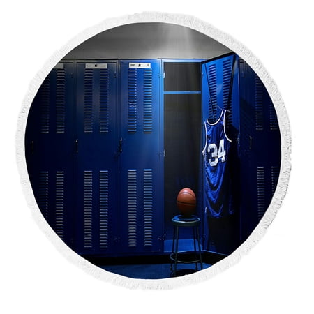ABPHQTO Basketball Locker Room Spotlight Ball Locker Round Beach Blanket with Tassels Beach Throw Towel Yoga Mat Picnic Blanket