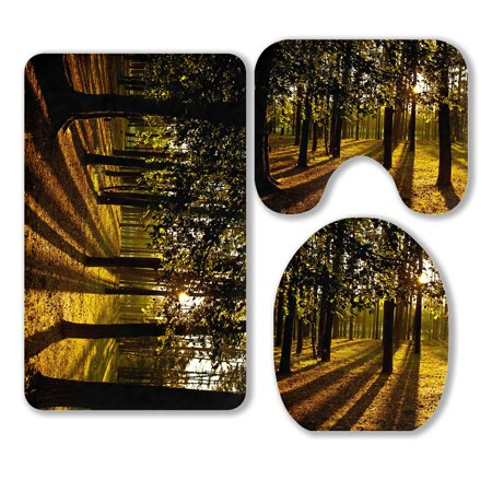 ABPHQTO Beams Of Light Shine Through The Trees In Summer Forest 3 Piece Bathroom Rugs Set Bath Rug Contour Mat and Toilet Lid Cover