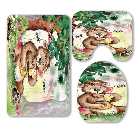ABPHQTO Bear Eats Honey 3 Piece Bathroom Rugs Set Bath Rug Contour Mat and Toilet Lid Cover