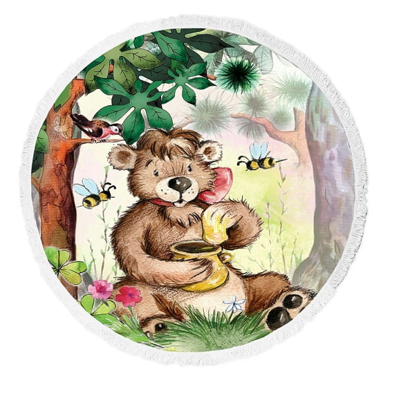 ABPHQTO Bear Eats Honey Round Beach Blanket with Tassels Beach Throw Towel Yoga Mat Picnic Blanket