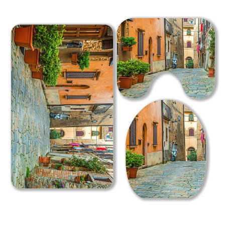 ABPHQTO Beautiful Alley In Tuscany Old Town Italy 3 Piece Bathroom Rugs Set Bath Rug Contour Mat and Toilet Lid Cover