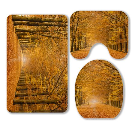 ABPHQTO Beautiful Autumn Lane In The Forest 3 Piece Bathroom Rugs Set Bath Rug Contour Mat and Toilet Lid Cover