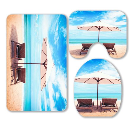 ABPHQTO Beautiful Beach Chairs On The Sandy Beach Near The Sea 3 Piece Bathroom Rugs Set Bath Rug Contour Mat and Toilet Lid Cover