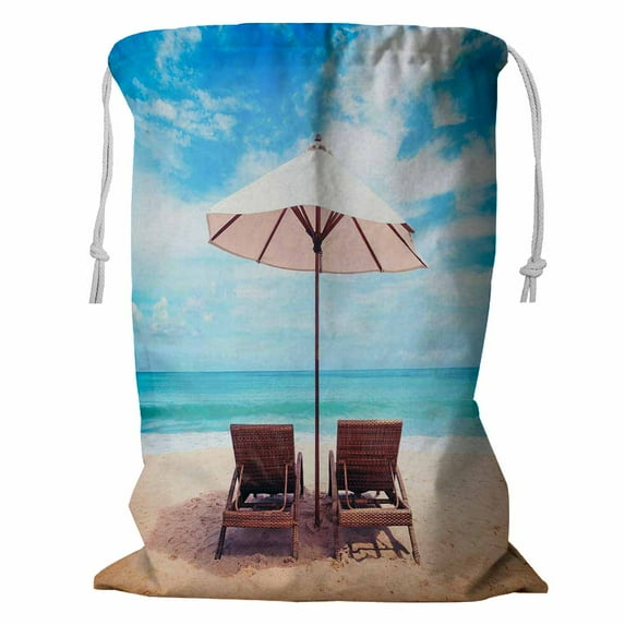 ABPHQTO Beautiful Beach Chairs On The Sandy Beach Near The Sea Storage Basket Laundry Bag with Drawstring 18x24 Inch