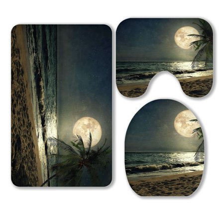 ABPHQTO Beautiful Fantasy Tropical Beach Milky Way Star Moon 3 Piece Bathroom Rugs Set Bath Rug Contour Mat and Toilet Lid Cover