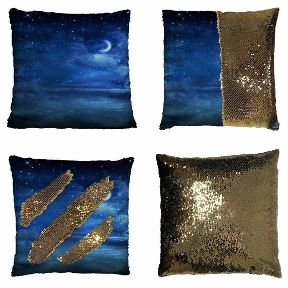 ABPHQTO Beautiful Night Sky Open Sea Reversible Mermaid Sequin Pillow Case Home Decor Cushion Cover 20x20 Inch