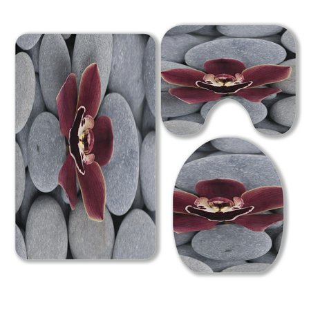 ABPHQTO Beautiful Orchid On Gray Pebbles 3 Piece Bathroom Rugs Set Bath Rug Contour Mat and Toilet Lid Cover