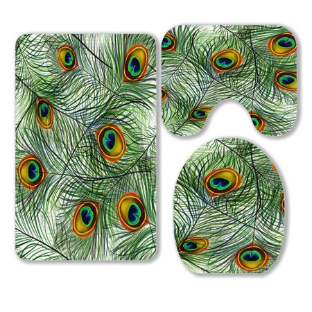 ABPHQTO Beautiful Peacock Feathers 3 Piece Bathroom Rugs Set Bath Rug Contour Mat and Toilet Lid Cover