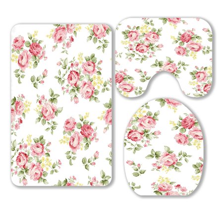 ABPHQTO Beautiful Rose Flower Pattern Little Floral Bouquet 3 Piece Bathroom Rugs Set Bath Rug Contour Mat and Toilet Lid Cover