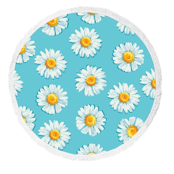 ABPHQTO Beautiful Summer Daisies Flowers Round Beach Blanket with Tassels Beach Throw Towel Yoga Mat Picnic Blanket