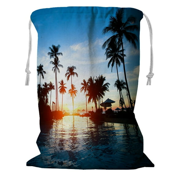 ABPHQTO Beautiful Sunset At A Beach Resort In The Tropics Storage Basket Laundry Bag with Drawstring 18x24 Inch
