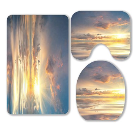 ABPHQTO Beautiful Sunset Over Sea Reflection In Water Clouds Sky 3 Piece Bathroom Rugs Set Bath Rug Contour Mat and Toilet Lid Cover