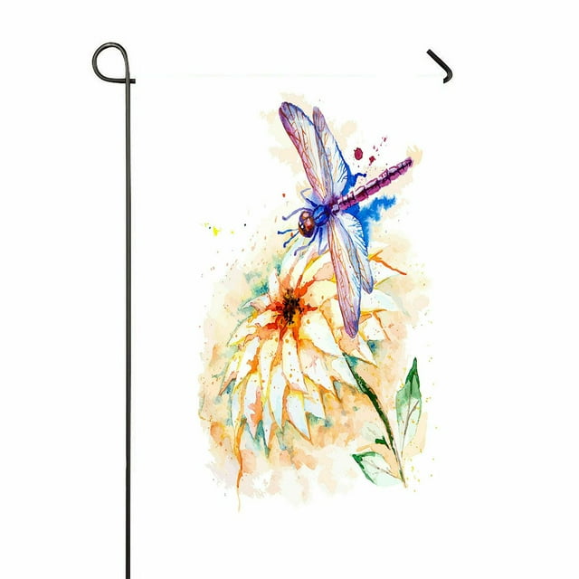 ABPHQTO Beautiful Watercolor Flying Violet Dragonfly Lily Flower Home Outdoor Garden Flag House Banner Size 28x40 Inch
