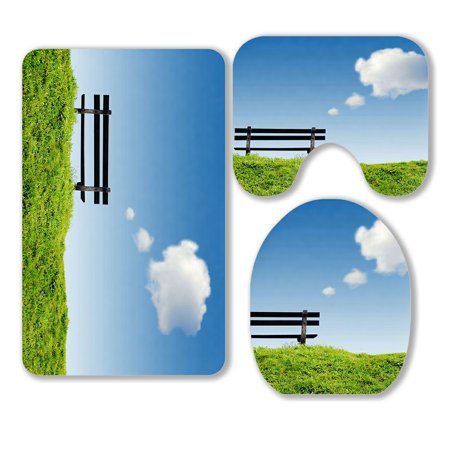 ABPHQTO Bench Green Grass Clouds Clear Blue Sky 3 Piece Bathroom Rugs Set Bath Rug Contour Mat and Toilet Lid Cover