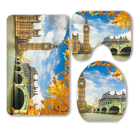 ABPHQTO Big Ben With Autumn Leaves London 3 Piece Bathroom Rugs Set Bath Rug Contour Mat and Toilet Lid Cover