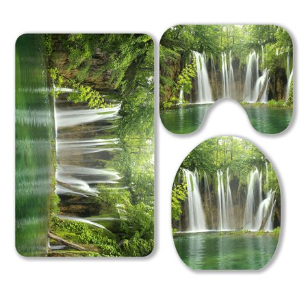ABPHQTO Big Waterfall From Plitvice 3 Piece Bathroom Rugs Set Bath Rug Contour Mat and Toilet Lid Cover