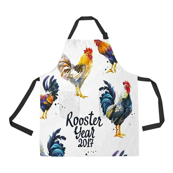 ABPHQTO Bird Different Poses Sketch Realistic Multicolor Rooster White Apron Home Kitchen Apron with Pockets