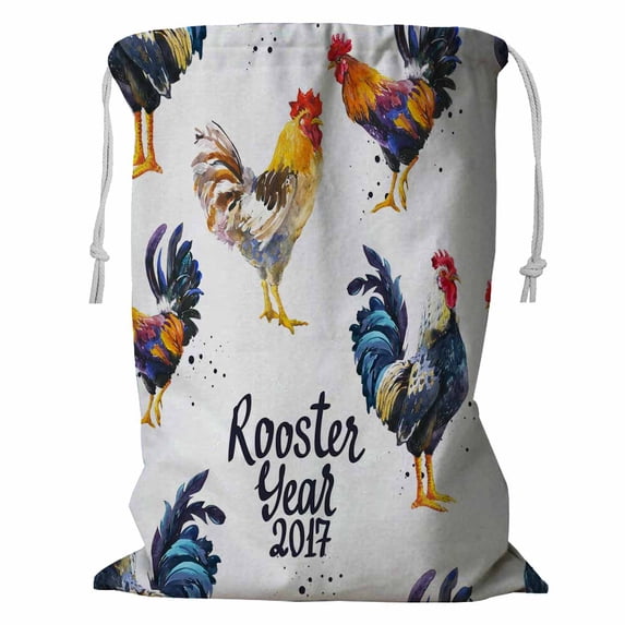 ABPHQTO Bird Different Poses Sketch Realistic Multicolor Rooster White Storage Basket Laundry Bag with Drawstring 24x32 Inch