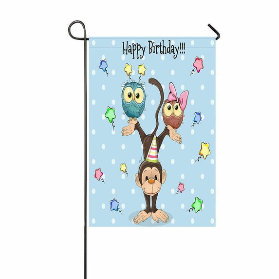 ABPHQTO Birthday Card Two Cute Cartoon Owls Monkey Home Outdoor Garden Flag House Banner Size 12x18 Inch