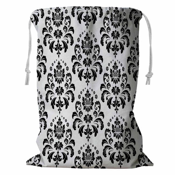 ABPHQTO Black And White Texture Floral Ornament Storage Basket Laundry Bag with Drawstring 18x24 Inch