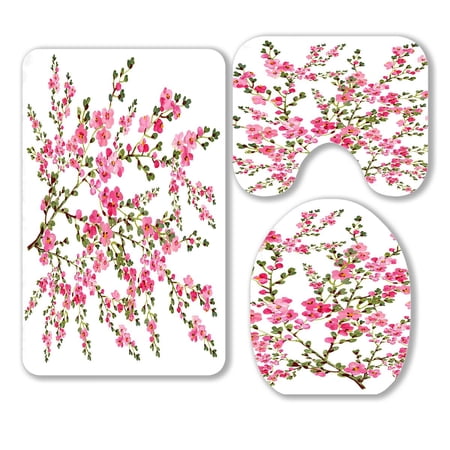 ABPHQTO Blossoming Branch Handmade Paint Spring 3 Piece Bathroom Rugs Set Bath Rug Contour Mat and Toilet Lid Cover