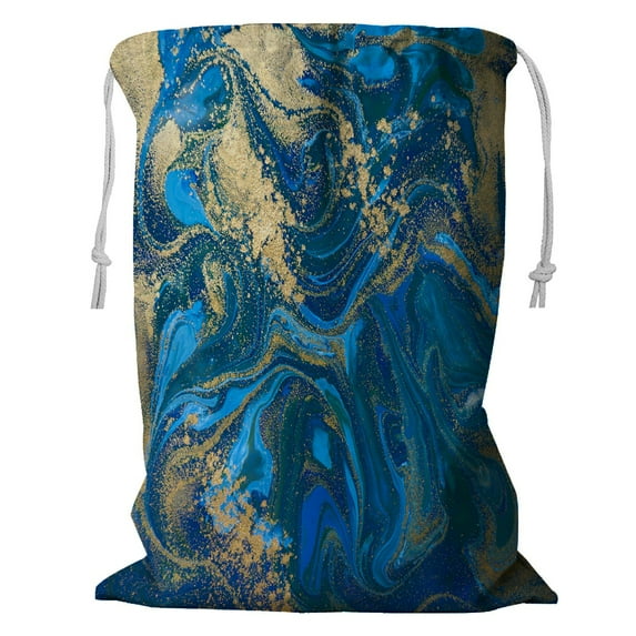 ABPHQTO Blue And Gold Liquid Texture Storage Basket Laundry Bag with Drawstring 18x24 Inch