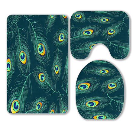 ABPHQTO Blue Green Peacock Feathers 3 Piece Bathroom Rugs Set Bath Rug Contour Mat and Toilet Lid Cover