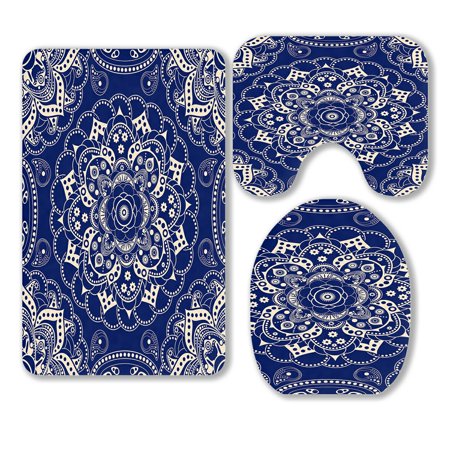 ABPHQTO Blue Pattern 3 Piece Bathroom Rugs Set Bath Rug Contour Mat and Toilet Lid Cover