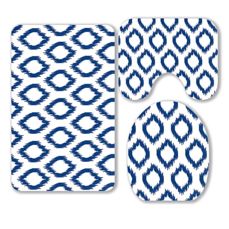 ABPHQTO Blue White Ikat Traditional Fabric 3 Piece Bathroom Rugs Set Bath Rug Contour Mat and Toilet Lid Cover