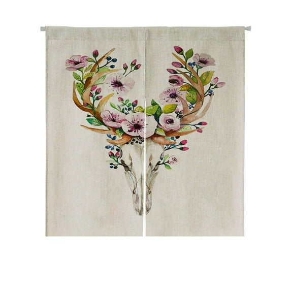 ABPHQTO Bohemian Western Mystical Deer Skull Print Rose Flowers Japanese Noren Curtain Doorway Door Window Treatment Curtains Cotton Linen Curtain 85x90 cm