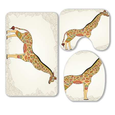 ABPHQTO Boho Giraffe Animal Africa Nature Zoo Paisley Doodle 3 Piece Bathroom Rugs Set Bath Rug Contour Mat and Toilet Lid Cover