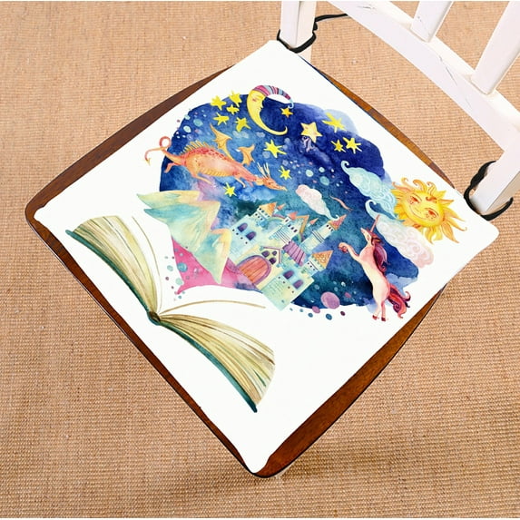 ABPHQTO Book Magic World Fairy Tale Starry Sky Castle Dragon Unicorn Chair Pad Seat Cushion Chair Cushion Floor Cushion Two Sides Printing 16x16 Inch