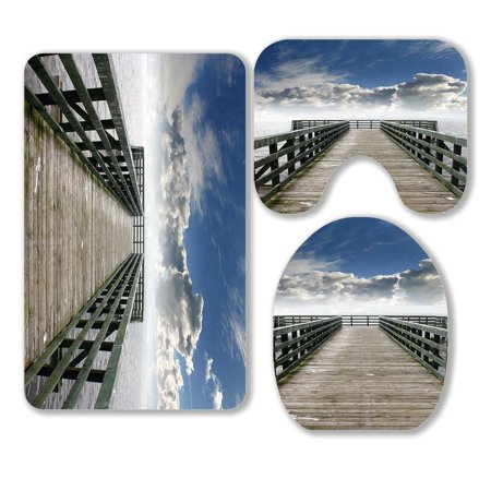 ABPHQTO Bridge 3 Piece Bathroom Rugs Set Bath Rug Contour Mat and Toilet Lid Cover