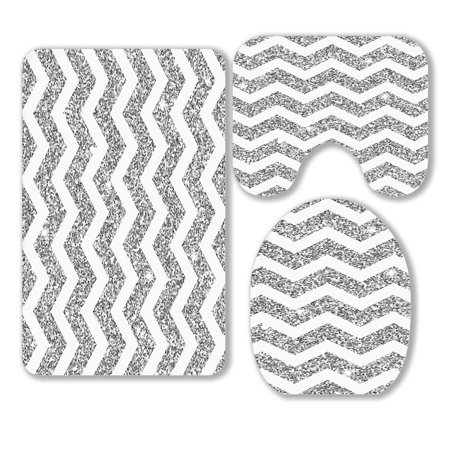 ABPHQTO Bright Chevron Silver Glitter And White Texture 3 Piece Bathroom Rugs Set Bath Rug Contour Mat and Toilet Lid Cover