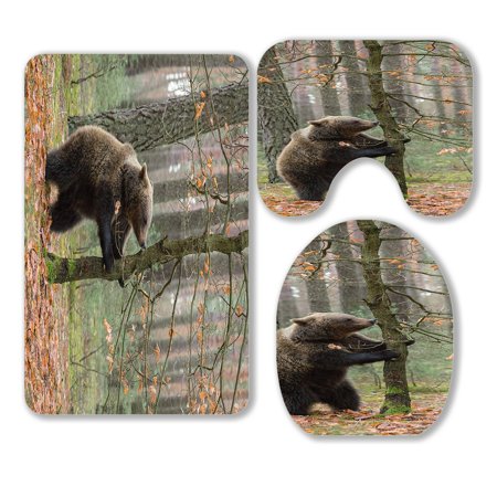 ABPHQTO Brown Bear Winter Forest Tree Food Europe Czech 3 Piece Bathroom Rugs Set Bath Rug Contour Mat and Toilet Lid Cover