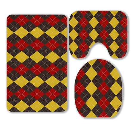 ABPHQTO Brown Red Yellow Argyle 3 Piece Bathroom Rugs Set Bath Rug Contour Mat and Toilet Lid Cover