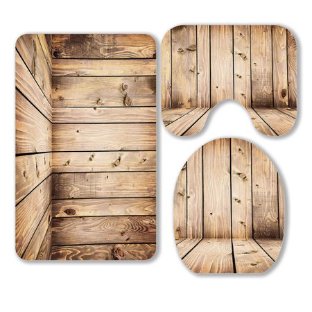 ABPHQTO Brown Wooden Planks 3 Piece Bathroom Rugs Set Bath Rug Contour Mat and Toilet Lid Cover