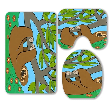 ABPHQTO Cartoon Animals Cute Lazy Sloth 3 Piece Bathroom Rugs Set Bath Rug Contour Mat and Toilet Lid Cover