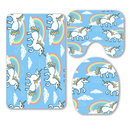 ABPHQTO Cartoon Doodle Unicorn Rainbow Clouds 3 Piece Bathroom Rugs Set Bath Rug Contour Mat and Toilet Lid Cover
