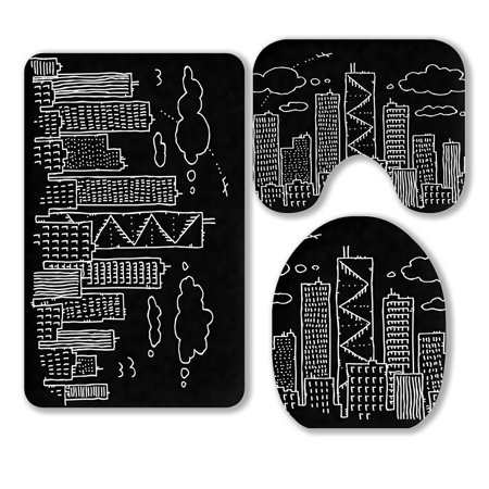 ABPHQTO Cartoon Line Of A City At Night 3 Piece Bathroom Rugs Set Bath Rug Contour Mat and Toilet Lid Cover