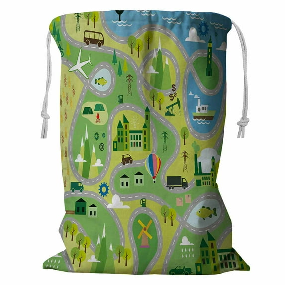 ABPHQTO Cartoon Map Roads Storage Basket Laundry Bag with Drawstring 18x24 Inch