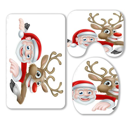 ABPHQTO Cartoon Santa Reindeer Peeking Sign Pointing Christmas 3 Piece Bathroom Rugs Set Bath Rug Contour Mat and Toilet Lid Cover