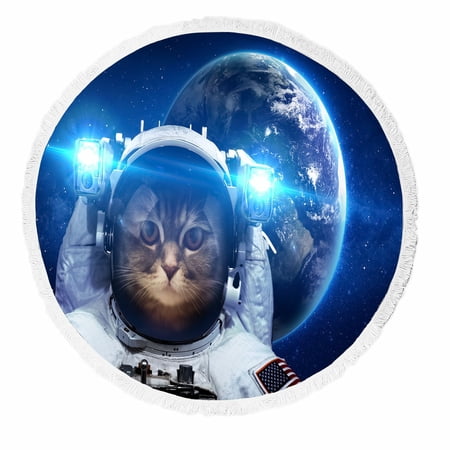 ABPHQTO Cat Outer Space Round Beach Blanket with Tassels Beach Throw Towel Yoga Mat Picnic Blanket