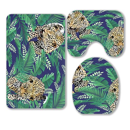 ABPHQTO Cheetah And Leopards Palm Leaves Tropical Jungle 3 Piece Bathroom Rugs Set Bath Rug Contour Mat and Toilet Lid Cover