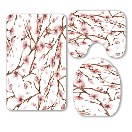 ABPHQTO Cherry Blossom 3 Piece Bathroom Rugs Set Bath Rug Contour Mat and Toilet Lid Cover